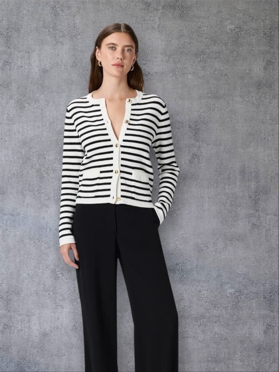 Quince Sweaters - Quince Black and White Striped organic V-Neck Cardigan with Gold Buttons